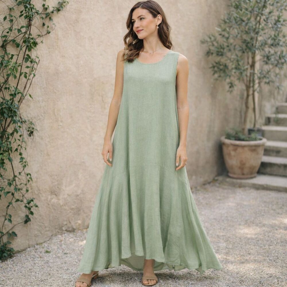CYNTHIA ROWLEY New Linen Blend Hi Low Maxi Dress Green Sleeveless Boho MEDIUM